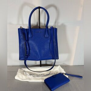 Michael Kors Blue Mercer Leather Convertible Tote with matching wallet